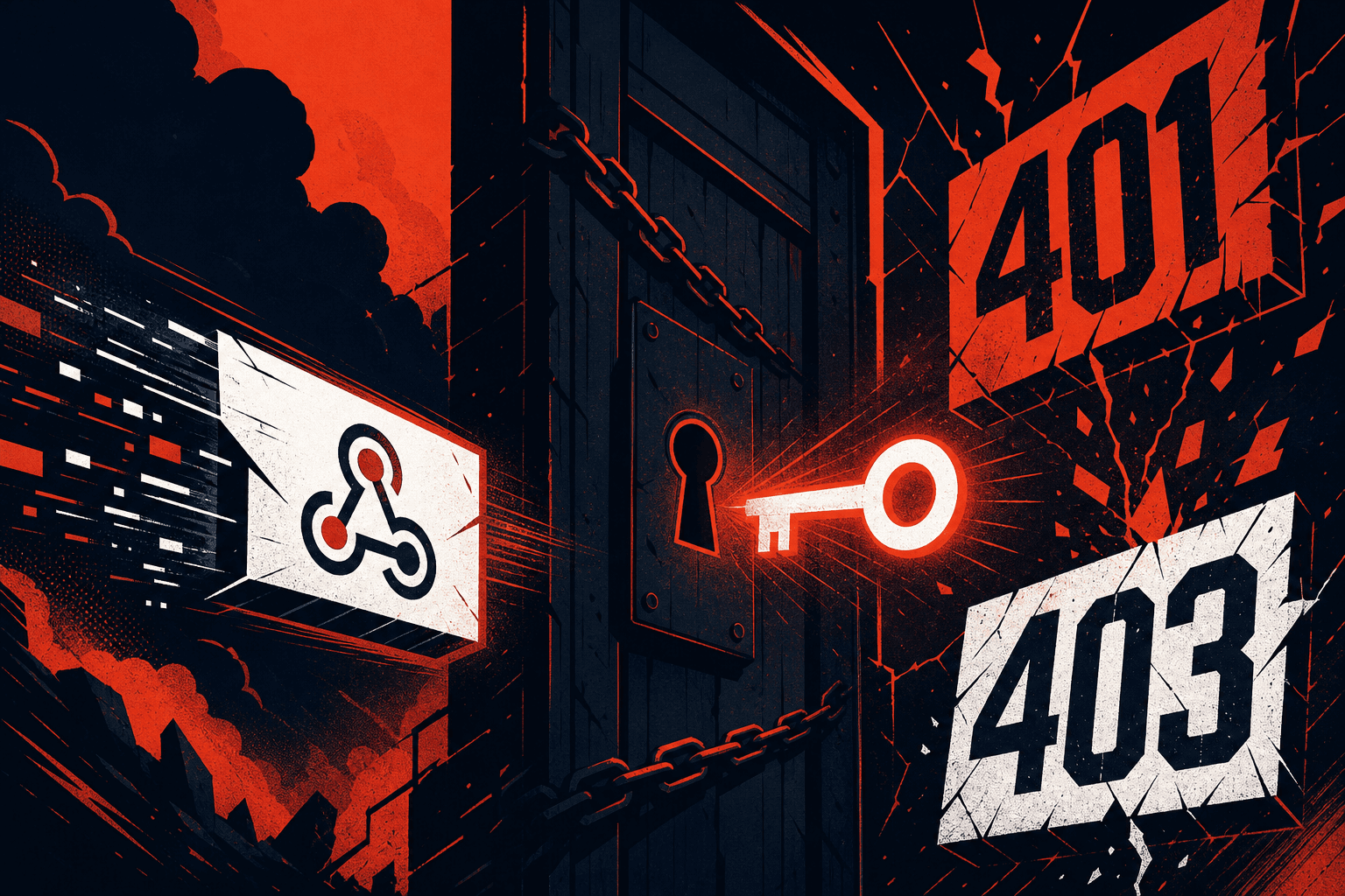 A webhook request blocked by a locked door labelled 401 and 403, with a key to unlock it.