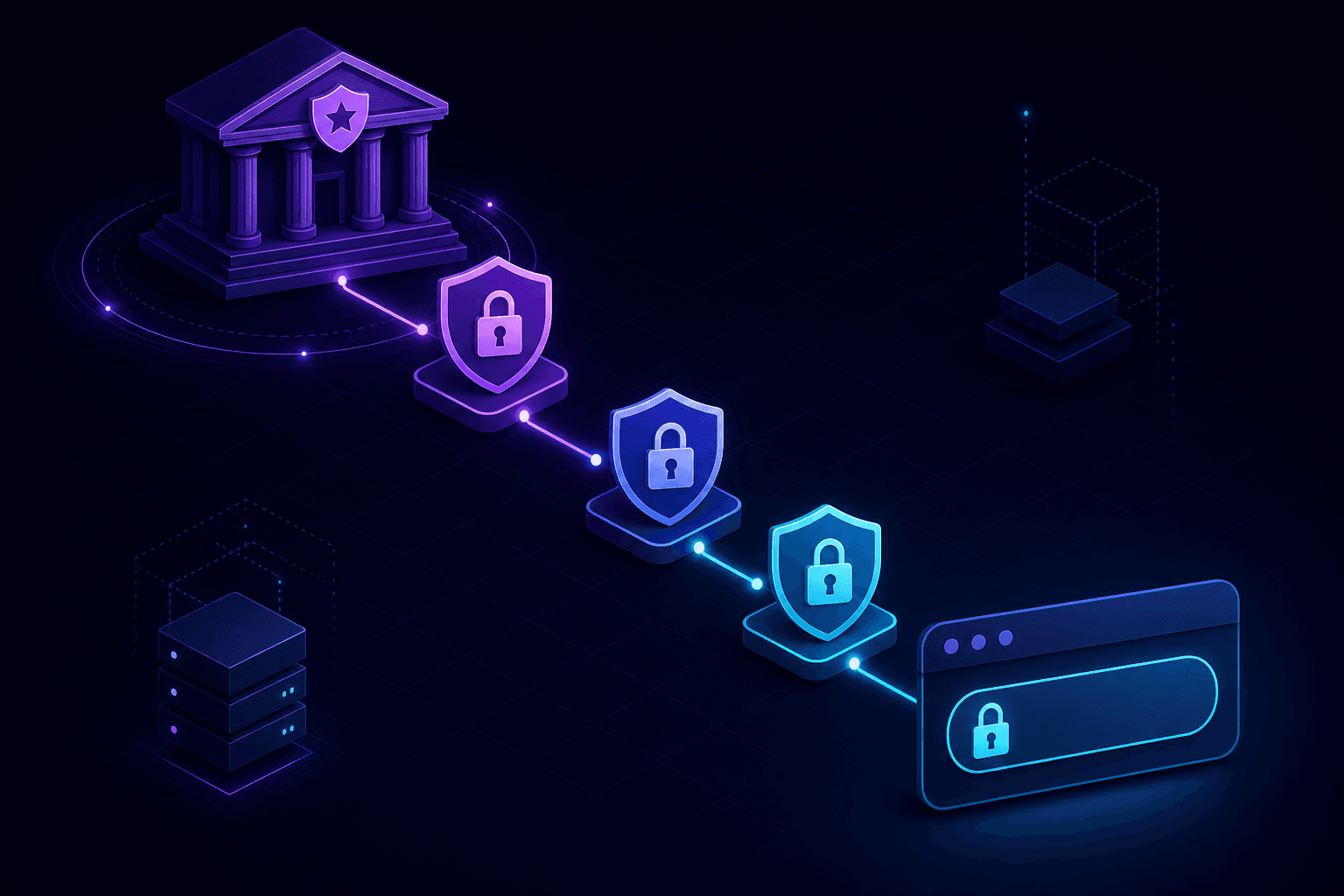 A trust chain of padlocks flowing from a certificate authority to a secure browser bar.