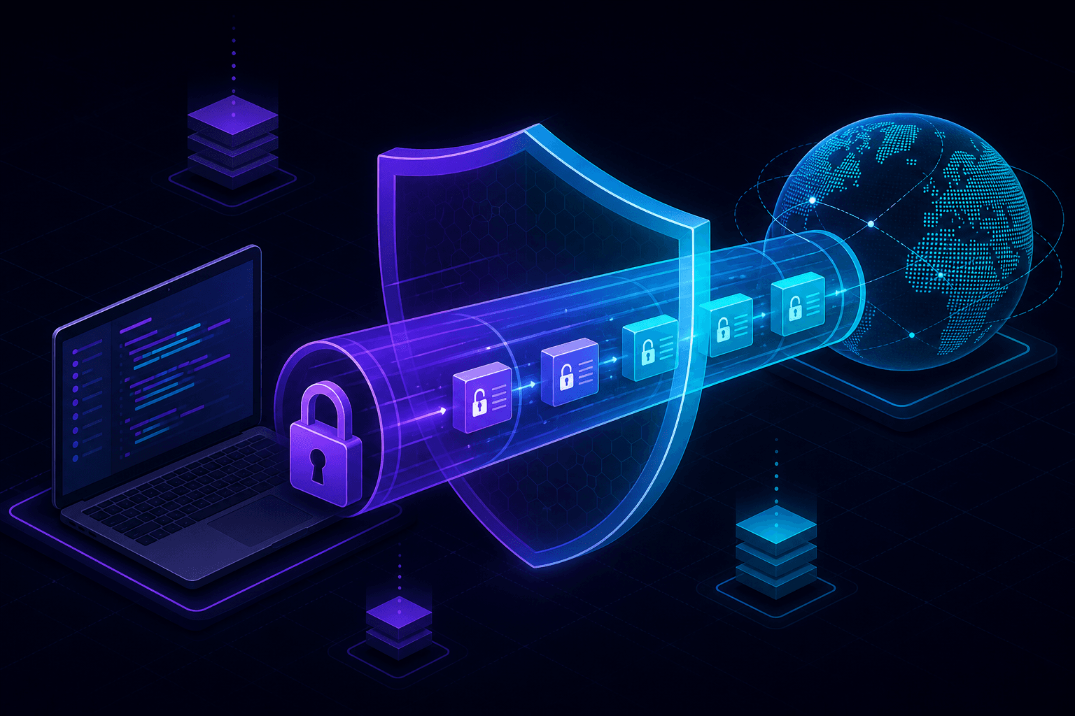 A security shield and padlock protecting an encrypted tunnel between localhost and the internet.
