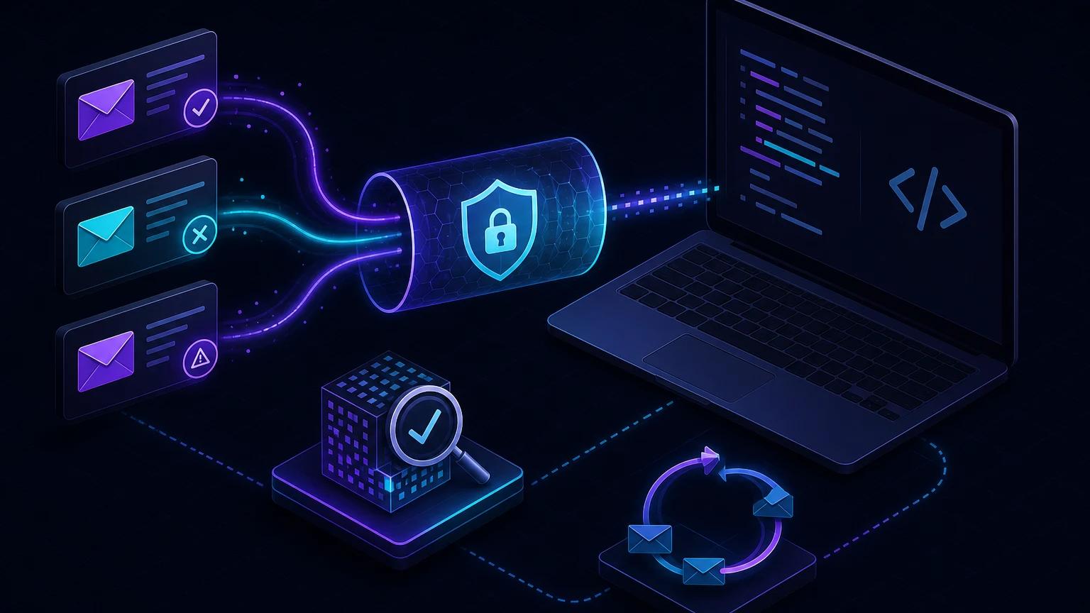 Email delivery, bounce, and complaint event envelopes flowing through a signed tunnel into a Next.js route on localhost.