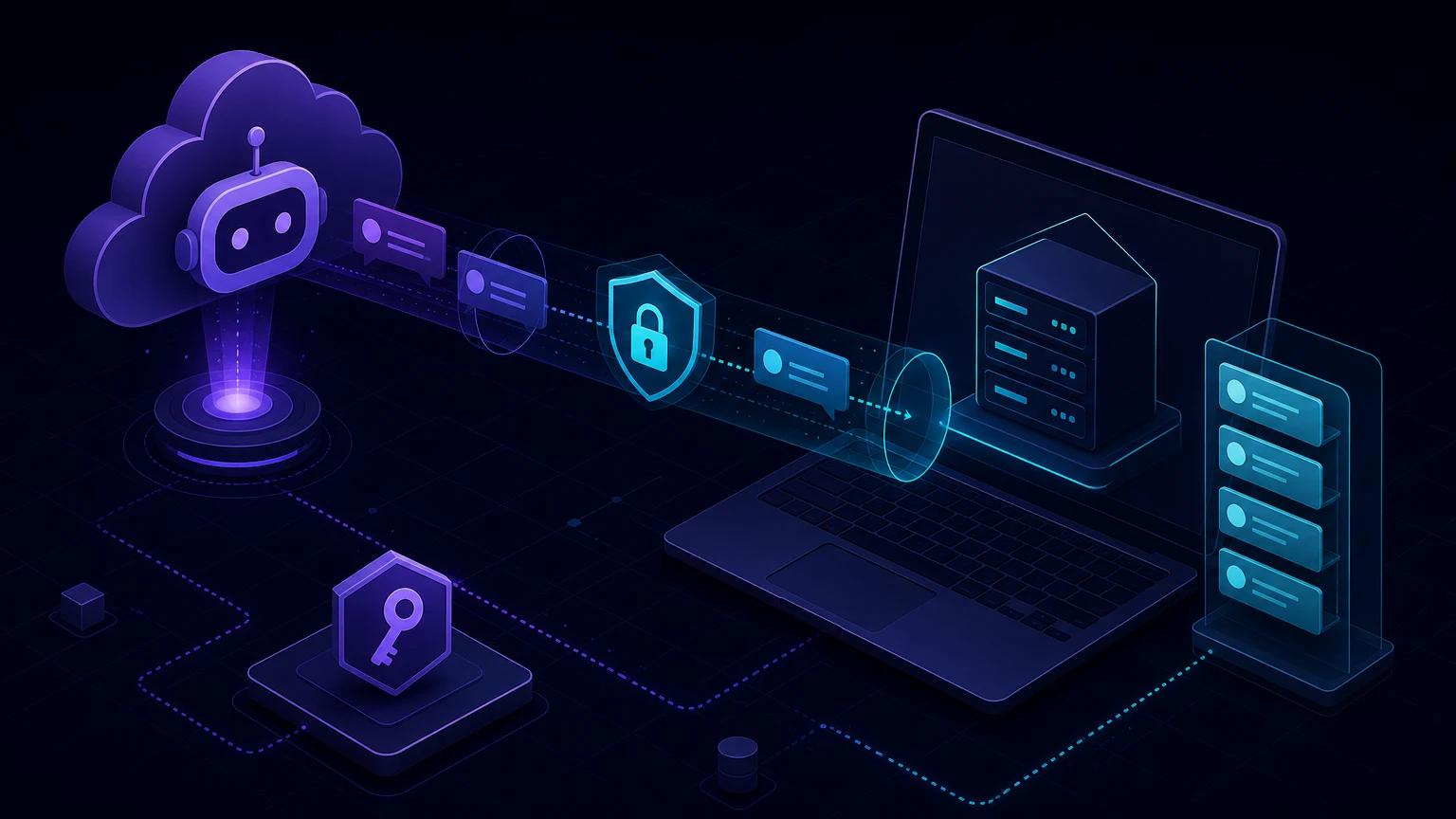 Telegram-style chat update packets traveling through a secure HTTPS tunnel into a bot handler running on a developer laptop.
