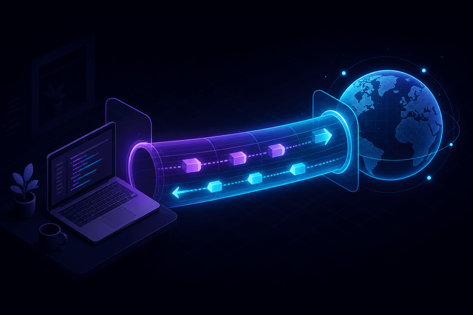 A local computer connected to a public URL through a glowing tunnel.