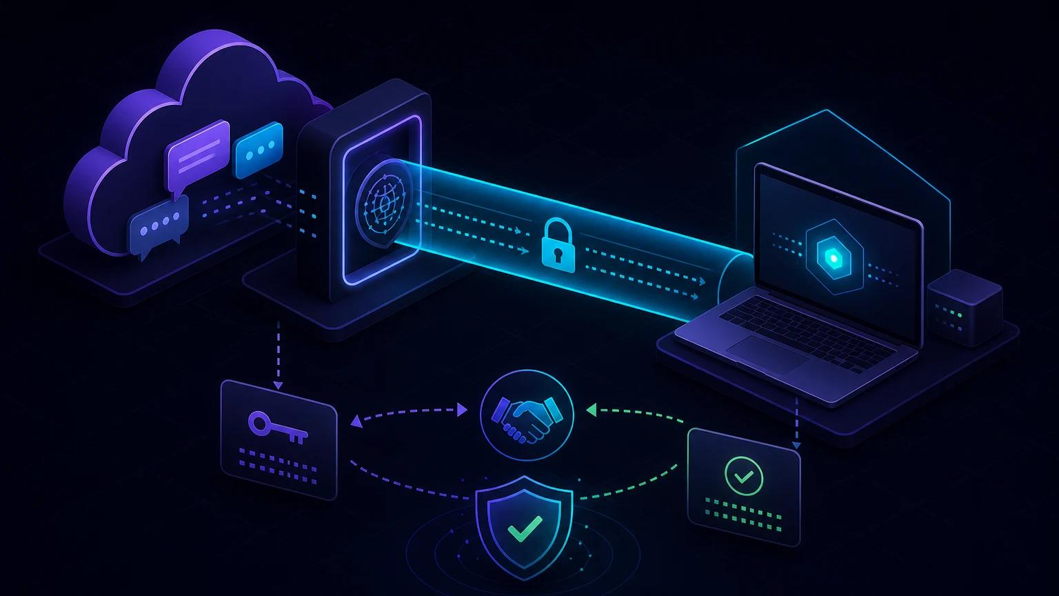 Mobile messaging events passing through Meta-style webhook verification and a secure tunnel to a localhost application.