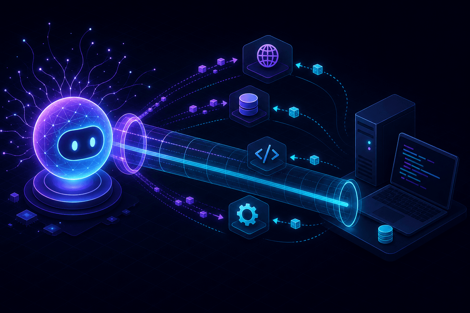 An AI assistant invoking external tools that return results to a local server over a tunnel.