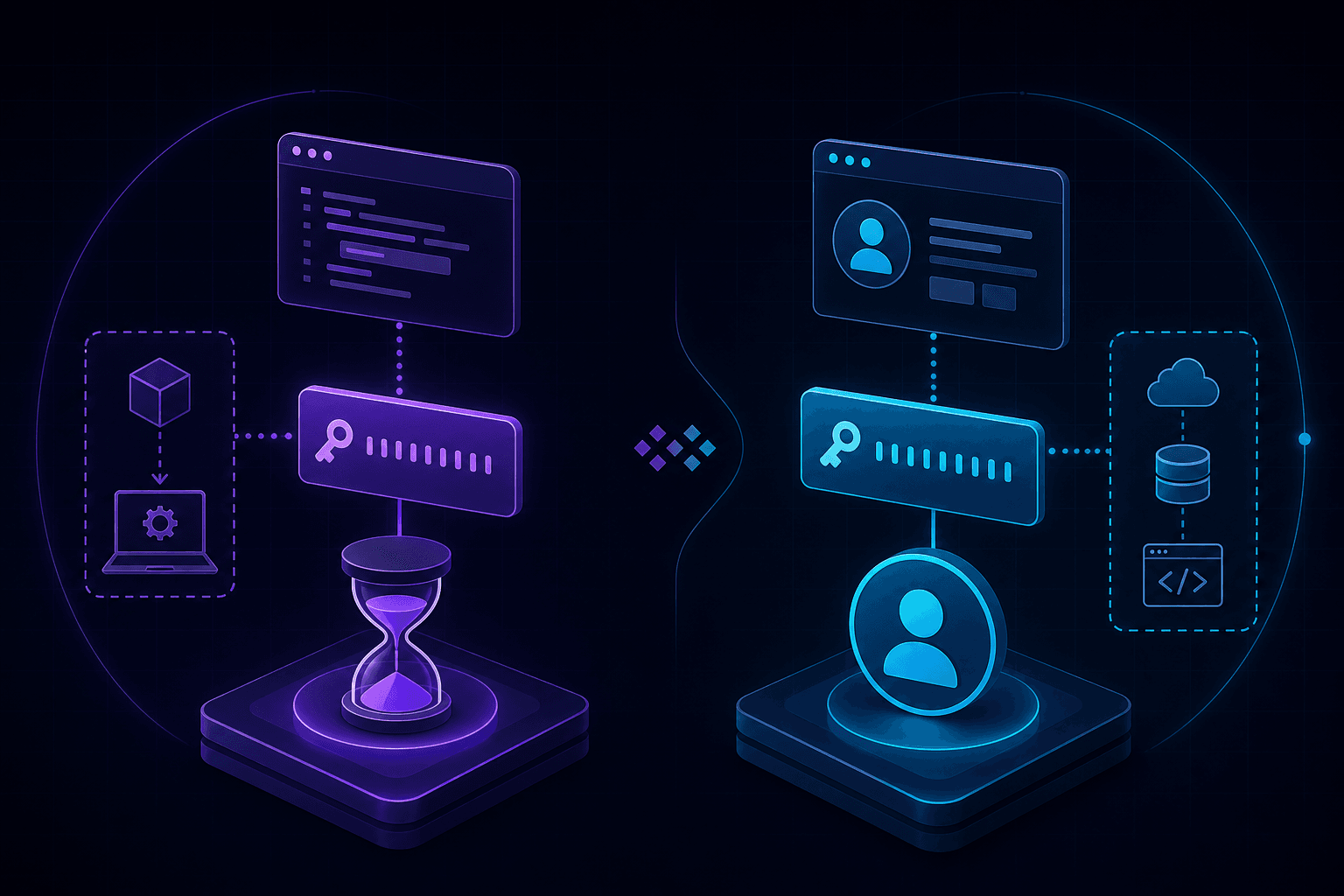 Two authentication flows: a short-lived installation token versus a long-lived user token.