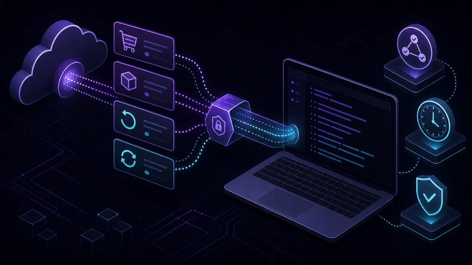 Checkout, order, refund, and subscription events traveling through a secure relay into a local webhook handler.