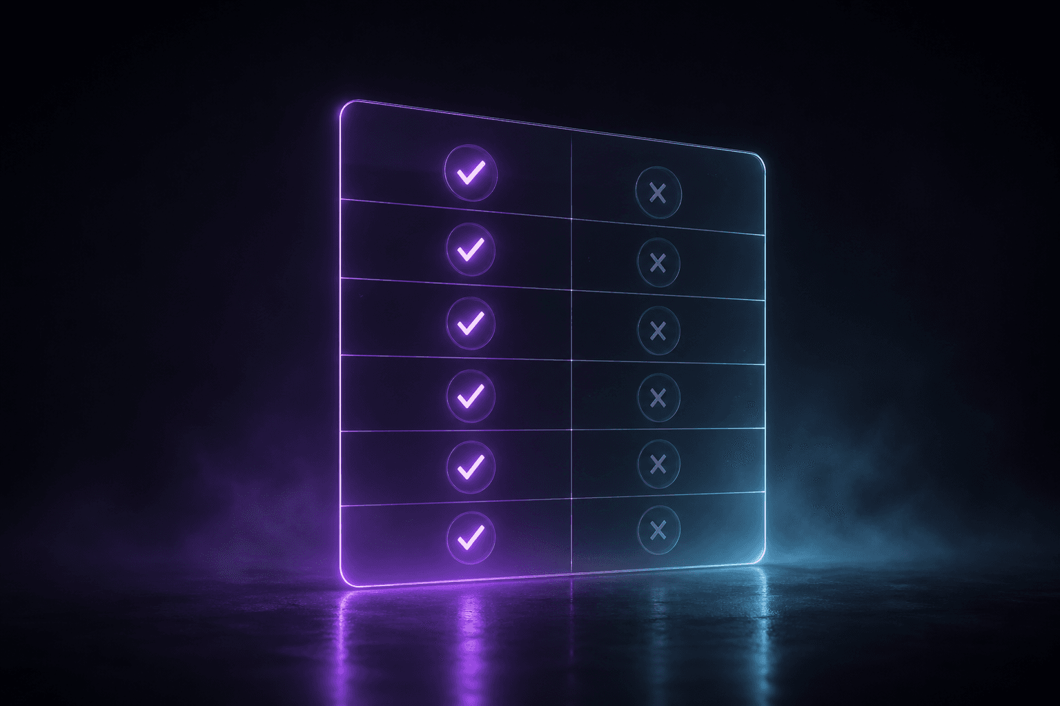 An abstract feature comparison grid of checks and crosses across two columns.