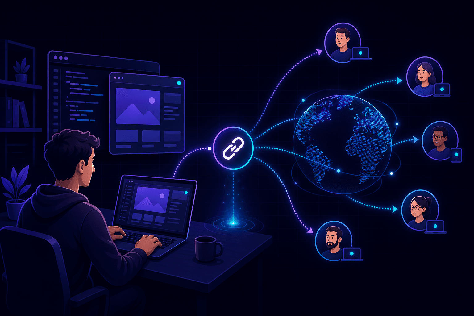 A developer sharing a public link to a local dev server with collaborators around the globe.