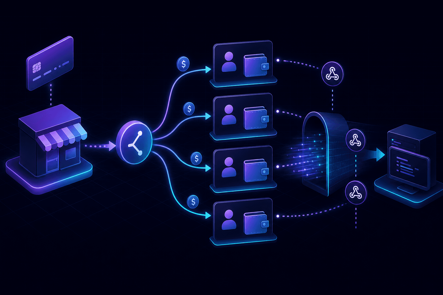 A marketplace payment splitting to connected accounts, delivered as webhooks to a local handler.