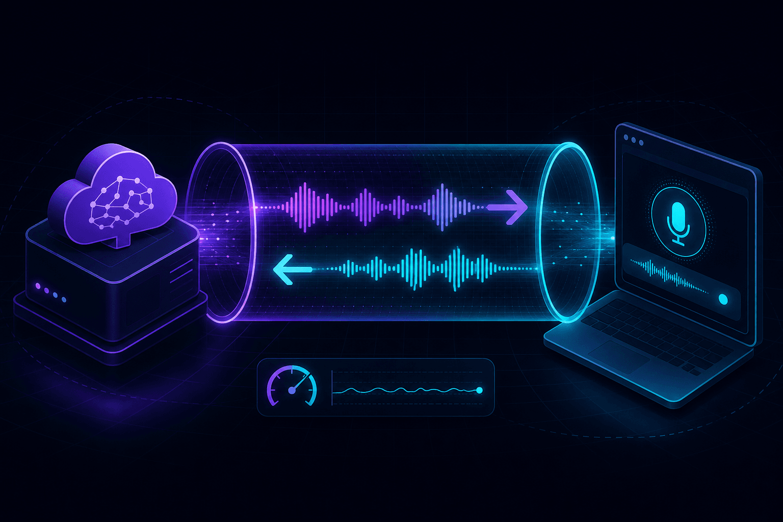 A realtime bidirectional WebSocket audio stream between an AI service and a local app over a tunnel.